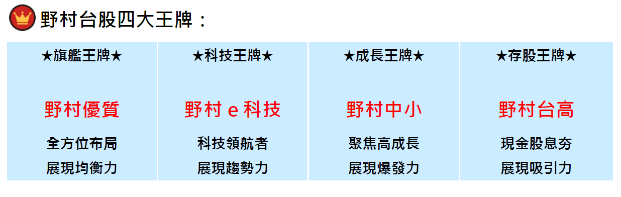 台股基金,台股,野村優質基金,野村中小基金,野村e科技基金,野村台灣高股息基金